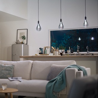 Philips Vintage LED bulbs hanging from the kitchen ceiling turned off