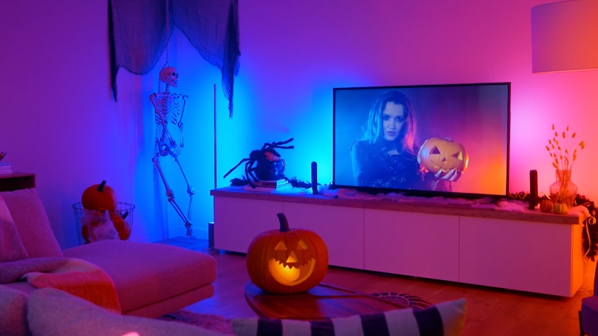 Halloween decorations and TV with colorful lights