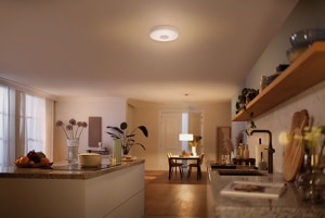 A large kitchen is illuminated with dim light by a ceiling light and a suspended light