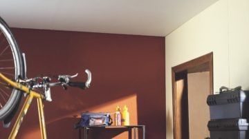 A basement with a ceiling light