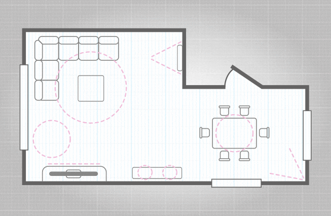 A simple floor plan visualizing  the light zones and fixtures 